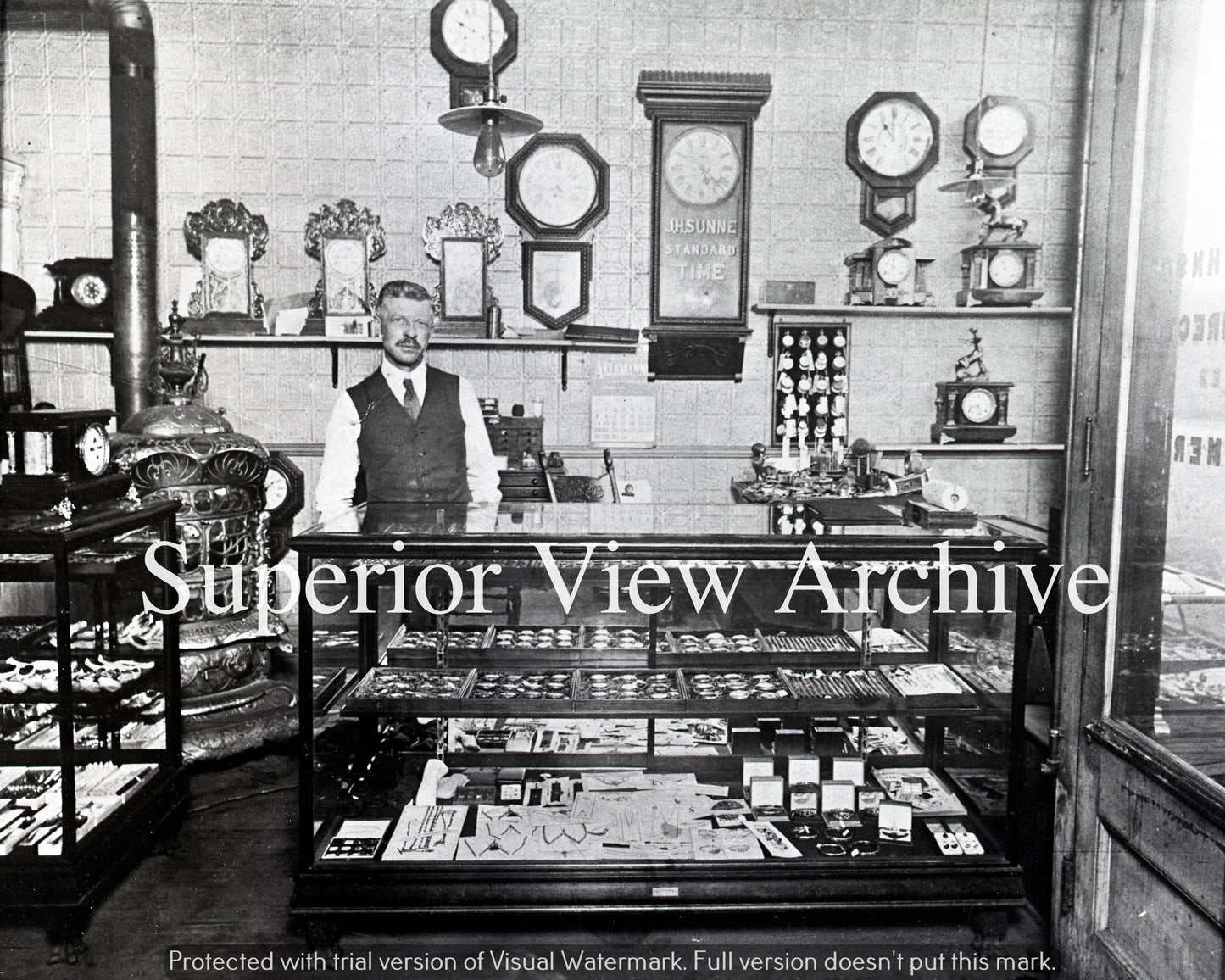 Vintage Jewelry Store Antique Jeweler Display Watches Old Clocks Woodstove