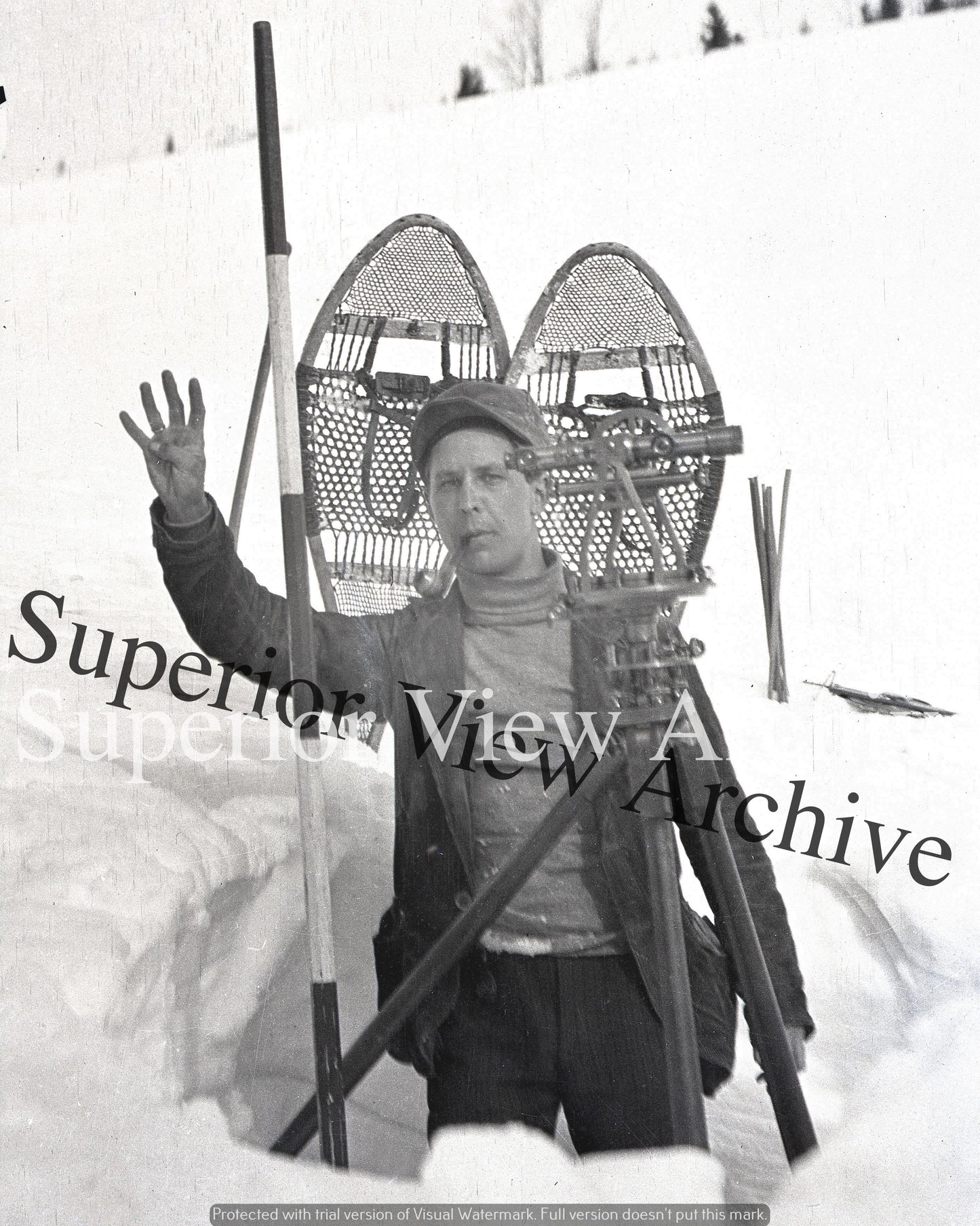Vintage Survey Transit Antique Surveying With Snowshoes Surveyor Four Feet Snow