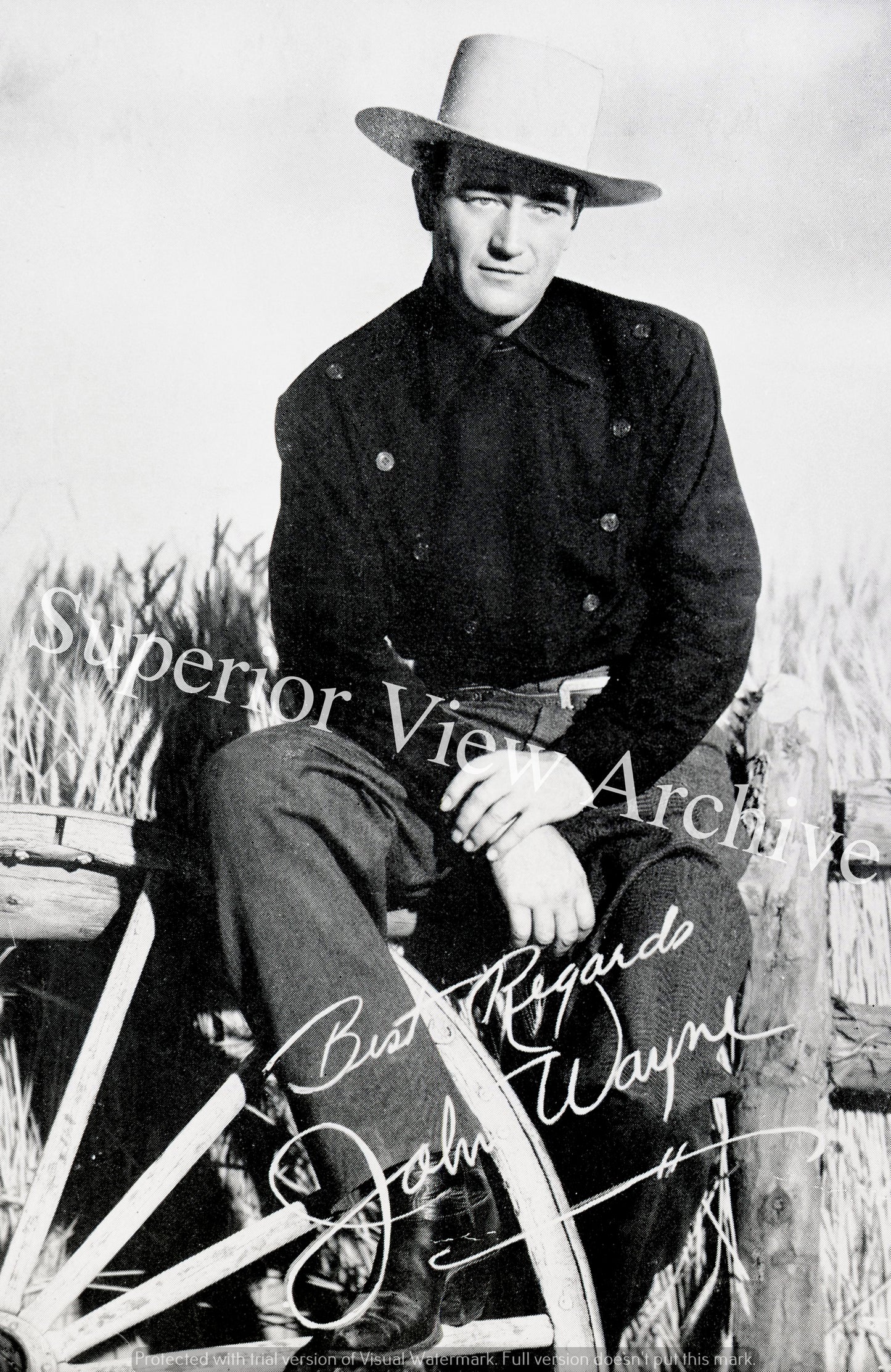 The Duke John Wayne On Fence Big Cowboy Hat Wagon Wheel