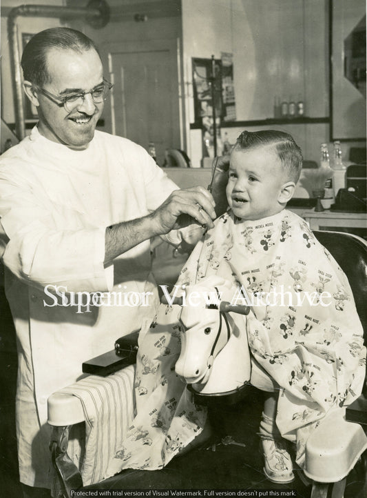 Old Time Barber Shop Boys First Hair Cut Mickey Mouse Apron Horse Chair 1950