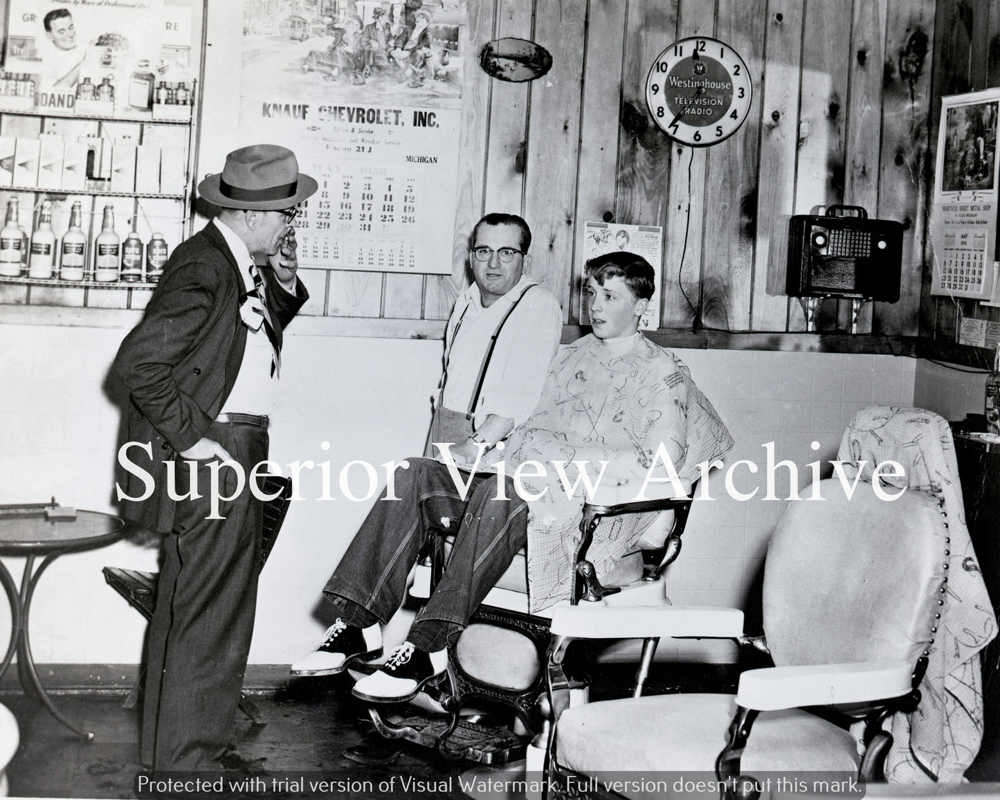Vintage 1950's Barber Shop Old Time Barber Young Boy In Chair Clocks Hair Tonic