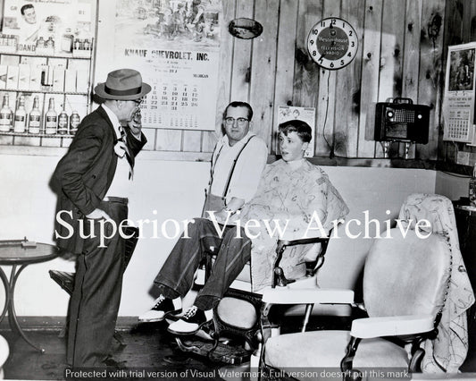 Vintage 1950's Barber Shop Old Time Barber Young Boy In Chair Clocks Hair Tonic