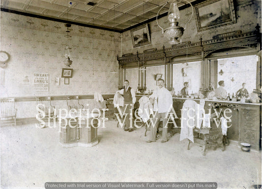 Old Time Barber Shop Ornate Barber Chairs Marble Sink Oil Lamps Spittoon