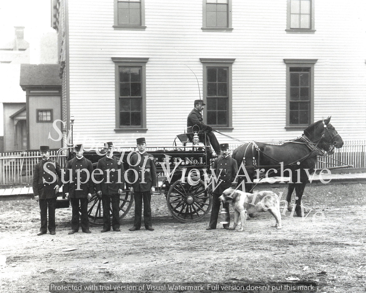 Old Time Firemen Vintage Horse Drawn Fire Wagon Fire Fighting Dog With Lantern