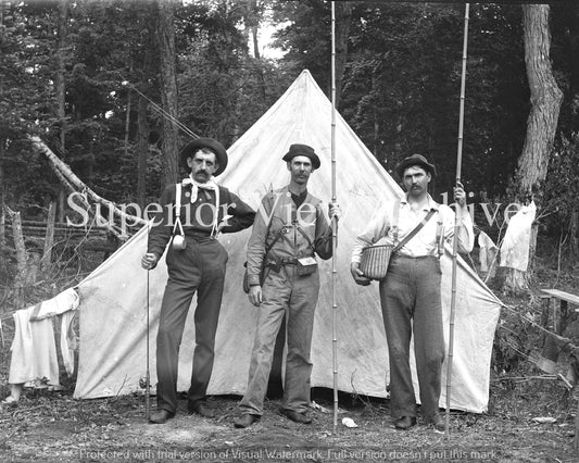 Old Time Fish Tent Camp Bamboo Poles Creels Worm Holders Hats Suspenders