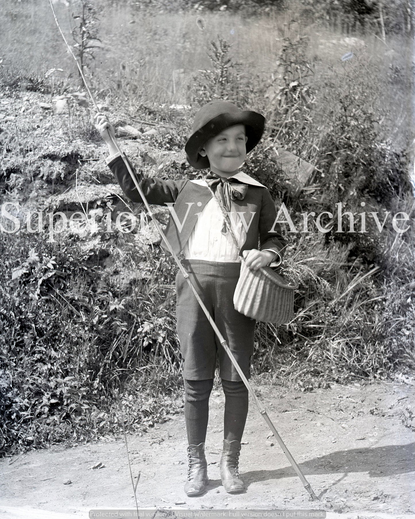 Vintage Little Boy In Knickers Fishing Creel Antique Bamboo Fishing Rod