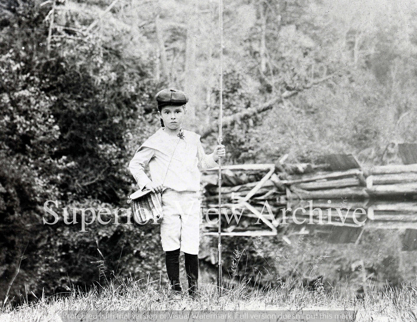 Vintage Fishing Girl With Bamboo Rod & Creel Knickers & Cap Antique Fishing