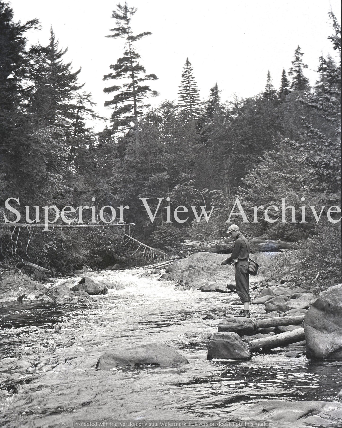 Vintage Trout Fishing Boy In Stream Old Fish Creel Knickers & Cap 1920