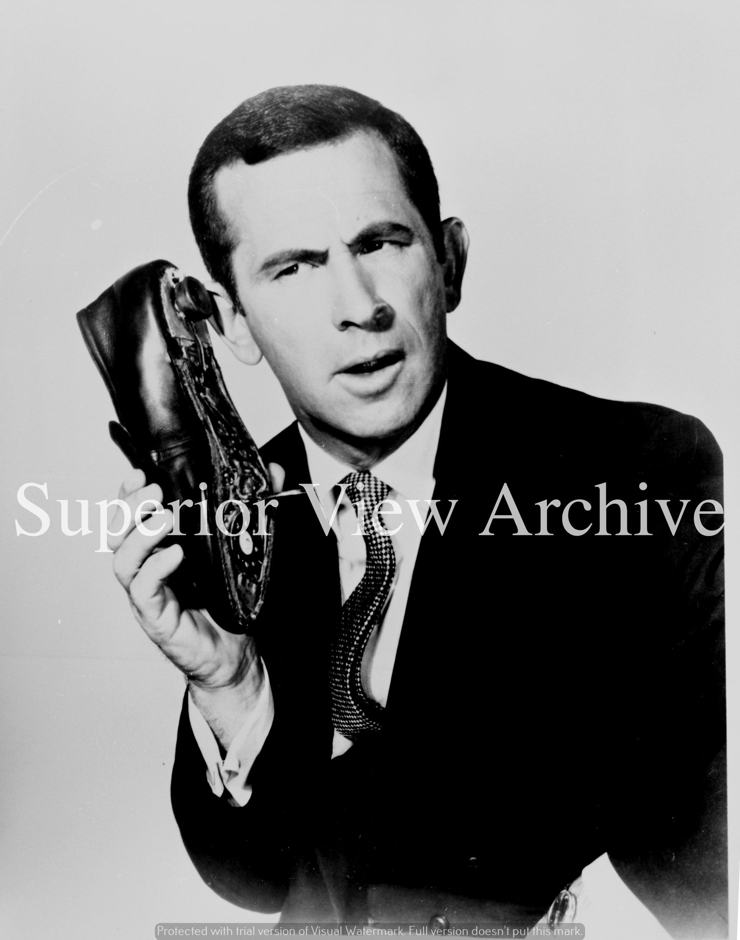 TV Publicity Still of Get Smart Don Adams Talking On His Shoe Phone