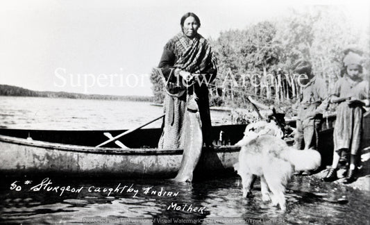 Native American Ojibwa Mother Catches Huge Sturgeon Birch Bark Canoe Dogs