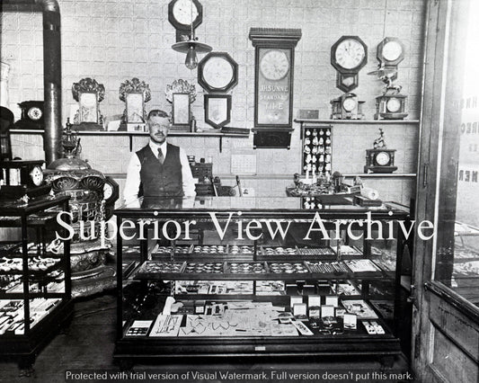 Vintage Jewelry Store Antique Jeweler Display Watches Old Clocks Woodstove